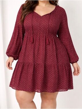 Sonoma Women’s XL Burgundy Printed Peasant Dress with Tassel Detail